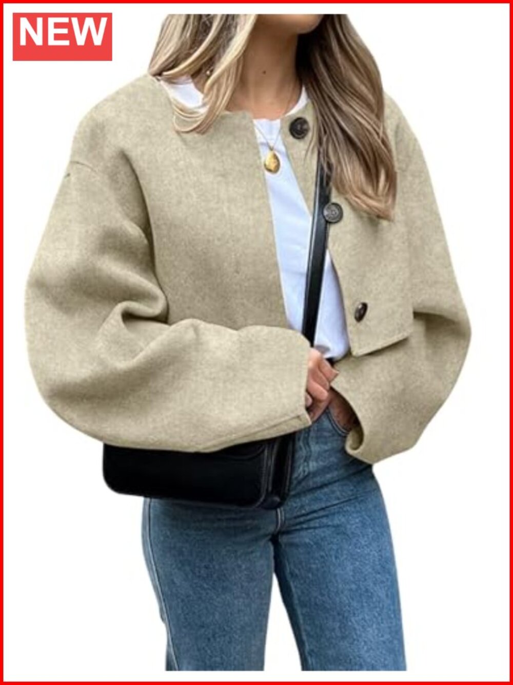 Women Cropped Wool Blend Pea Coat Short Jacket Long Sleeve Button Down